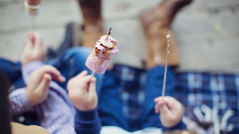 child with toasted marshmallows on a stick